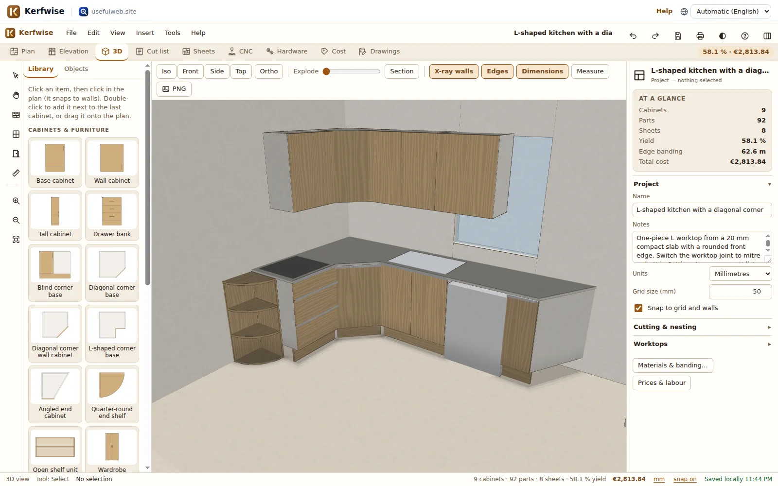 L-shaped kitchen with a diagonal corner cabinet, one-piece L worktop with rounded edge, angled end cabinet and gola profile handles in the 3D view