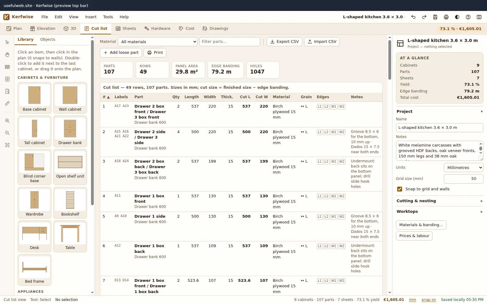 Cut list table with labels, finished and cut sizes, material, grain and edge-banding badges