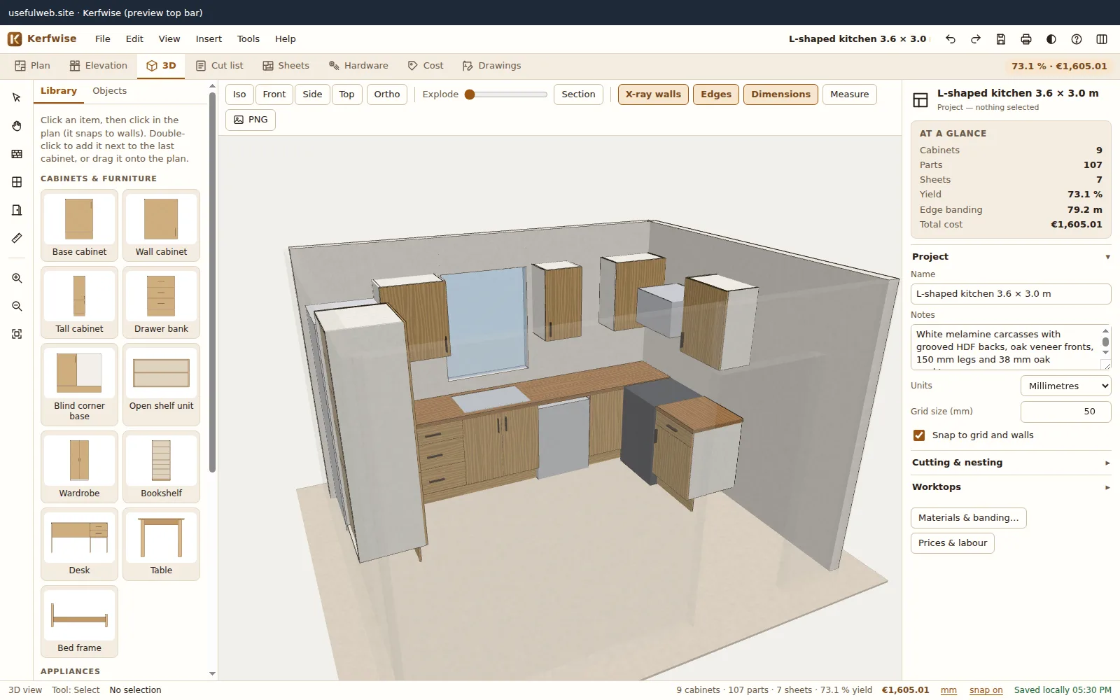 L-shaped kitchen in the Kerfwise 3D view with oak fronts, worktop with sink cut-out, fridge and range