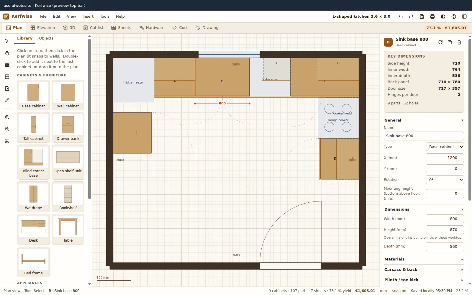 Floor plan editor with walls, window, door, appliances and labelled cabinet runs