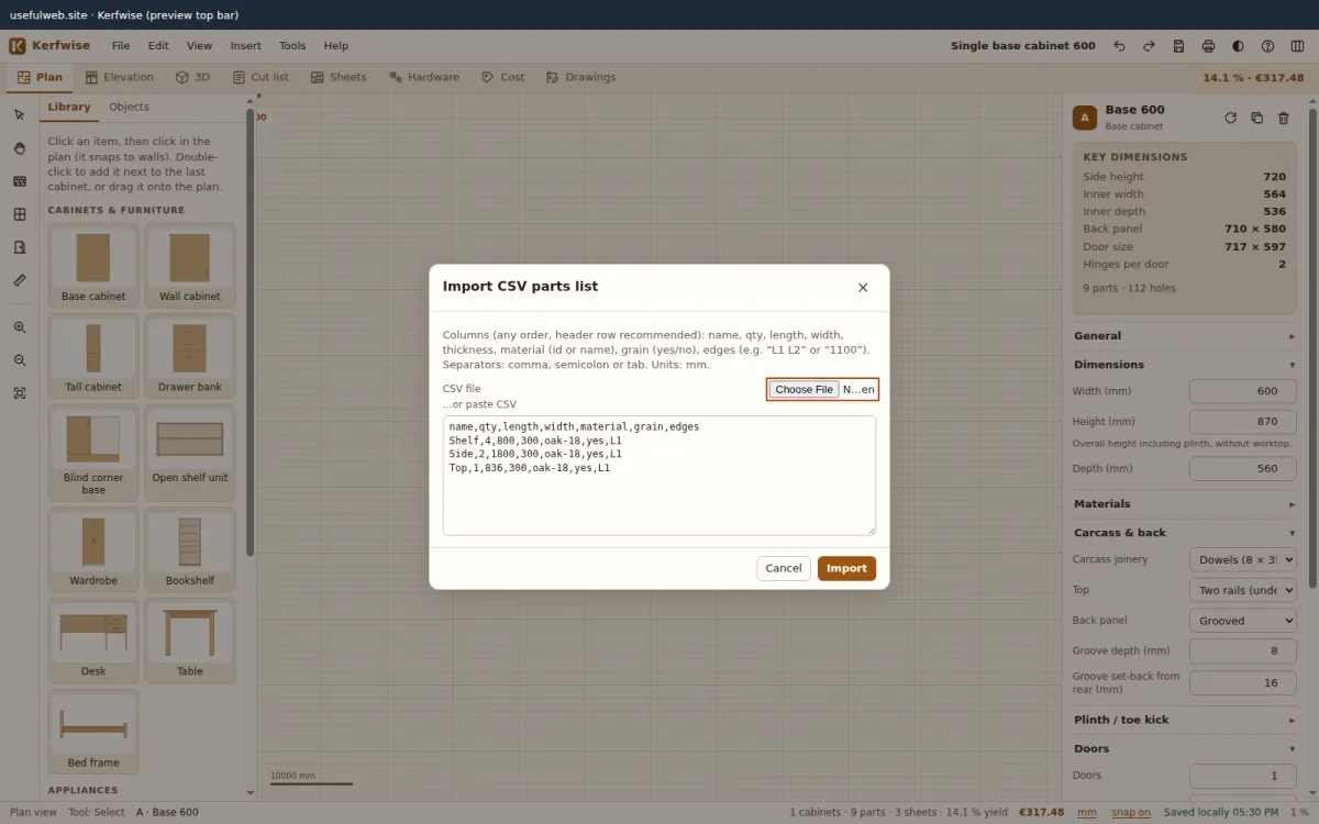 Import CSV dialog